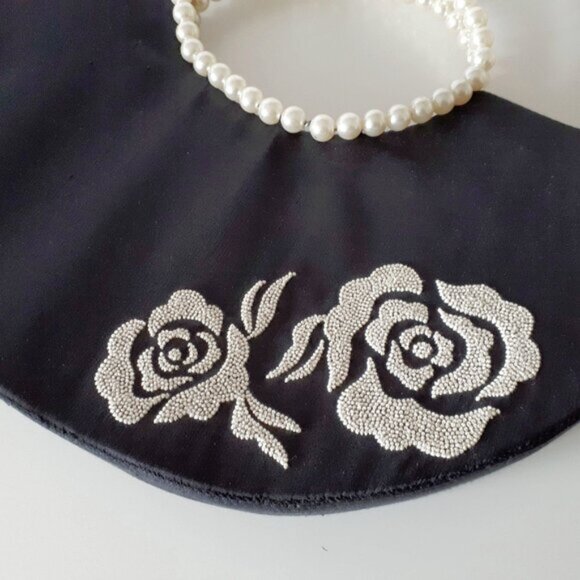 EUC Shiraleah black crescent shaped handbag w faux pearl handles and embroidery - Picture 5 of 8